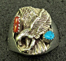 Native American Navajo Sterling Silver Turquoise Eagle Ring Size 11 1/2 #134 picture