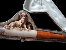 ANTIQUE MEERSCHAUM PIPE CIGAR CHEROOT HOLDER CARVED HUNTING DOG CASE picture
