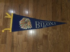 VTG C. 1940'S BILOXI MISSISSIPPI SOUVENIR PENNANT BLUE WITH CHIEF INDIAN HEAD A+ picture