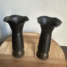 Pair WW1 1916 French Trench Art Vases 5.5 Inch Artillery Shell Brass Dimpled picture