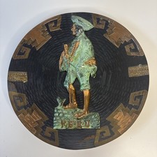 VINTAGE Decorative Mixed Metal Plate - Peru Wall Decor Inca Warrior 11.5” picture