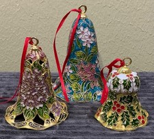 3pc Vtg Cloisonné Enamel Christmas Bell Ornaments Lot Norton Museum Art Gold picture