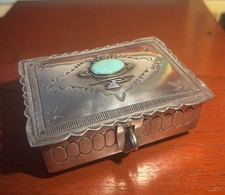 Vintage Herbert Cayatineto Navajo Sterling Silver Trinket Jewelry Box Turquoise picture