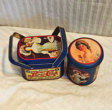 Pepsi Vintage 1988 Blue Tin Box Set (2) Carry Basket & Round Canister Soda picture