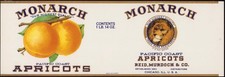 MONARCH BRAND APRICOTS vintage can label Chicago, IL Calvert Litho file 1928 picture