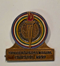 BADGE RIBBON PIN 1959 3RD PAN AMERICAN GAMES CHICAGO COMPETITOR ATHLETICS picture