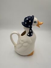 Country Goose Duck Pitcher Vintage Ceramic White Blue Polka Dot Scarf 1980s Vtg picture