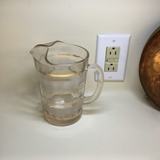 Vintage MCM Frosted Glass Pitcher With Frosted And Gold Bands And Ice Lip 6.5 in picture