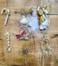  7 Vtg Gold Tone Christmas Ornaments Glitter Holiday Tree Decor Assorted Sizes picture
