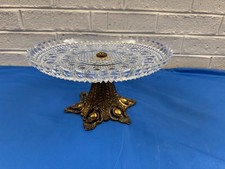 Large Vintage Crystal Cut Glass Pedestal Cake Candy Dish W/ Brass Metal Base picture