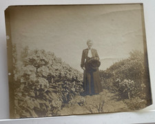 Antique B&W Photo Dunbar Woman On Hill In Fine Clothes Walking Stick & Hat picture