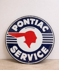 Vintage Pontiac Service Embossed Metal Sign 12” Round Gas Oil Garage Décor picture