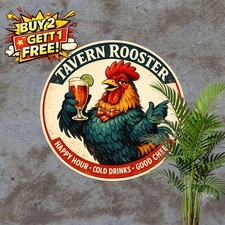 Funny Anthropomorphic Rooster Holding Beer Glass Round Metal Tin Sign Decor picture