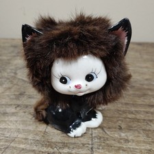 Vintage 50s Sweet Anthropomorphic Black Fuzzy Fur Cat Figurine Kitsch Japan picture