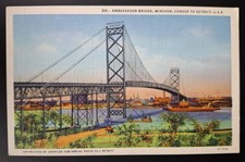 Ambassador Bridge Windsor Canada To Detroit, MI. C1940's Curteich Linen Postcard picture