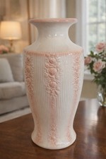 Vintage Scheurich Keramik West Germany Pottery Vase Pink Floral Rose Relief  15