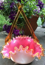 VICTORIAN CASED GLASS PINK & WHITE BASKET W/ CROSSOVER AMBER HANDLES & CREST picture