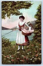 c1910's Woman With Babies Basket Surreal Fantasy Lake Scene Antique Postcard picture