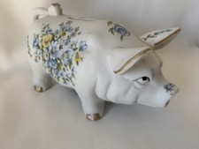 Piggy Bank Pig Figurine Hand Painted Blue Country Vtg Decor Decoration Porcelain picture