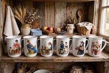 Vintage 1982 Norman Rockwell Museum Mugs Set6 Gold Trim Porcelain Complete Japan picture