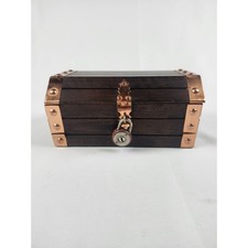 Vintage Wooden Treasure Chest Jewelry Box Japan Copper Accents Velvet Lining picture