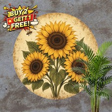 Sunflower Bee Three Bouquet Floral Art Round Metal Tin Wall Plaque 8x8 picture