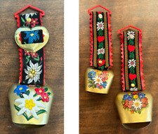 Vintage German Hand Painted Brass Cow Bell Colorful Embroidered Strap Rudesheim picture