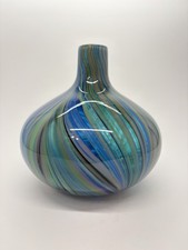 Vintage Hand Blown art Glass Vase Blue Green Swirl Multicolor Round 7.5 Inch picture
