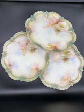 ANT Prussia porcelain plates x3 ruffled floral green pink gold  1900 RS Prussia picture