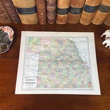 Original 1890 Antique Map KANSAS NEBRASKA Omaha Lincoln Wichita Topeka Manhattan picture