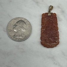 Vintage Chinese Carved Out Orange Agate Carnelian Plaque Pennant On 14k Gold picture