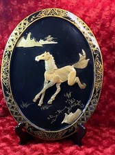 Vintage Black Lacquer Framed Oriental Mother Of Pearl Horse Picture With Stand picture