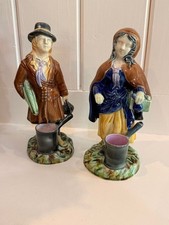 Antique Continental Majolica Figural Match Holders Pair 8 Inch Strikers Vases picture