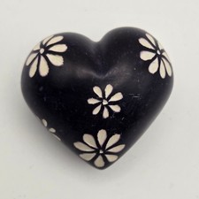 Hand Carved Soapstone Heart Paperweight White Daisy Floral Boho Decor picture