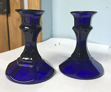 Libbey Cobalt Blue Glass Candlesticks Candle Holders Six Panel Set Of (2) 4 1/4