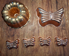 Vintage Gold Tone Metal Non-Stick 6pc Cake Pan Set Bundt & Butterfly Jello Molds picture