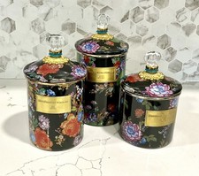 RETIRED MacKenzie-Childs Black Flower Market Enamel Canisters Set /3 Knobs EUC picture