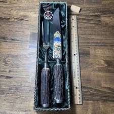 Vtg Hubertus Solingen Germany Stag Handle Carving Set Etched Blade Knife Fork picture
