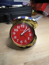 Vintage Bulova Travel Alarm Clock Red Face Union Jack Stripe Clamshell Germany picture