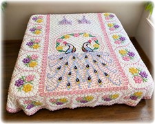 Vintage Chenille Double Peacock Bedspread: Peacock, Hearts, Flowers Popcorns EUC picture