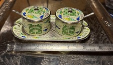 Korean Or China 99% Fine Silver and Enamel Condiment Bowls Spoons Tray Set picture