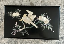 Vintage Chinese Black 11”x7”Lacquer Mother of Pearl Vanity Peacock Butterfly Box picture