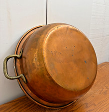 Large Vintage French Copper Pan Hammered Tinned Interior Brass Handles picture