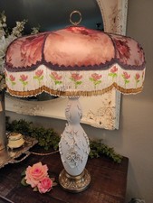 Vintage 1930 Porcelain Lamp Birds & Lg Silk Floral Shade Antique Style Silk Cord picture