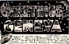 Pre-1907 GREETINGS from GENEVA NY WOMENS FACES in LETTERS MAN in MOON POSTCARD picture