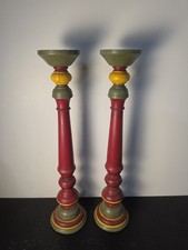 Old Germany Judaica Hand Carved & Painted Wooden Shabbat Candle Sticks 25