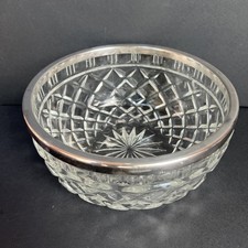 VTG Heavy Cut Glass Serving Bowl with Silver Plated Rim Large 8.25” Made England picture