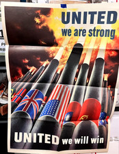 Original 1943 United We Are Strong United We Will Win OWI #64 WWII Poster picture