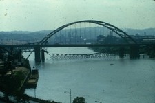 c1950's 35mm Slide Pittsburgh Fort Duquesne Bridge Construction River Barge picture