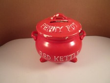Vintage Red Kettle Penny Pot Coin Bank picture
